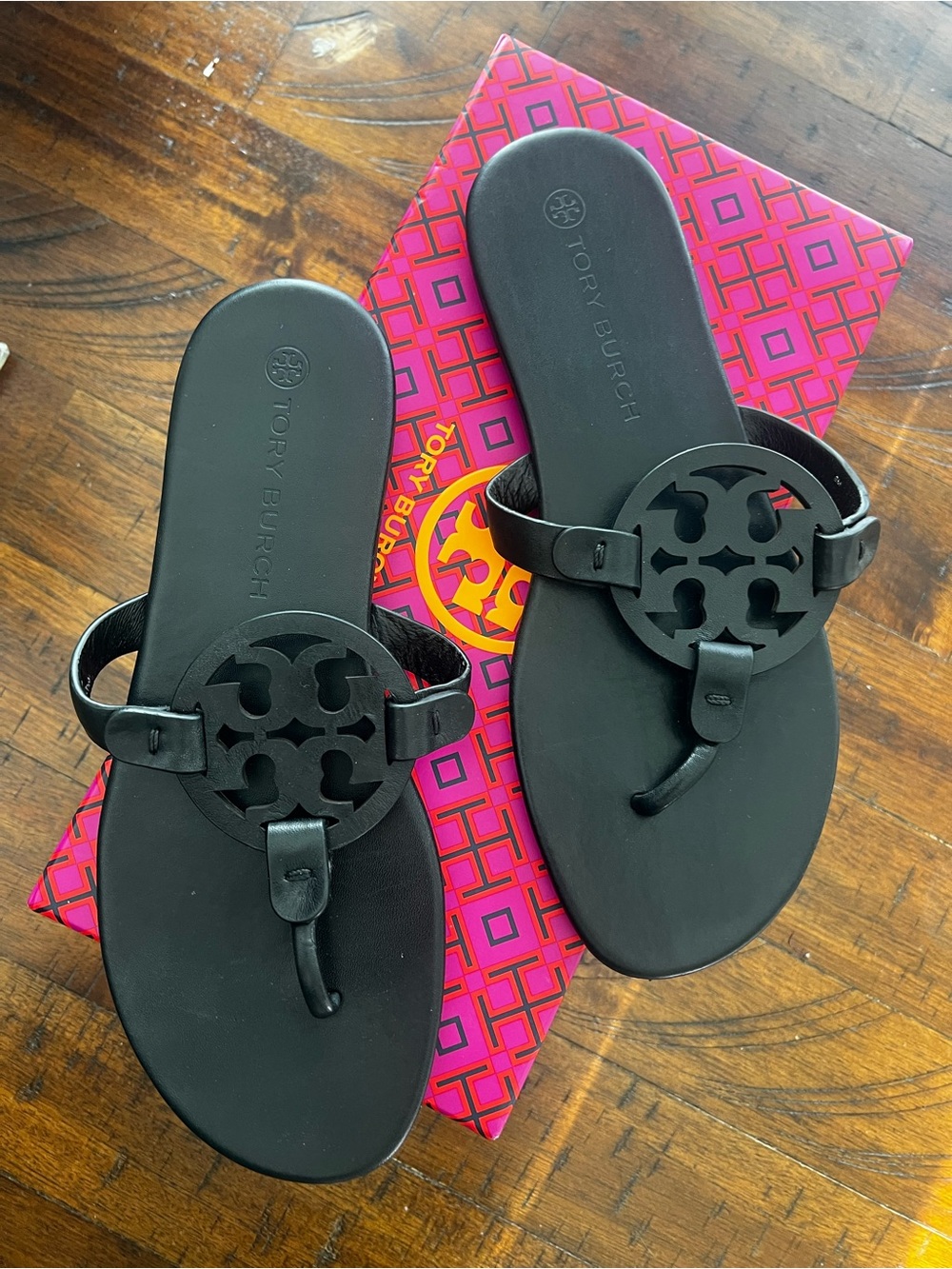 Tory Burch Black Miller Logo Thong Sandals with Cutout Medallion